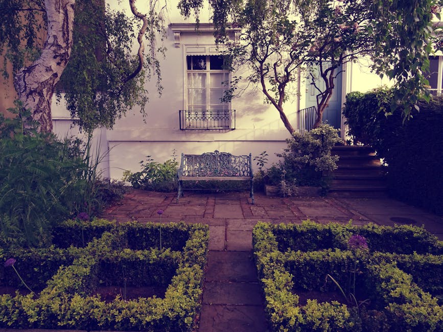 In a small garden at Lillie Road, West Brompton, several potted plants with vibrant green, emerging leaves are arranged on the paved ground, demonstrating ongoing plant growth and garden care. Behind 